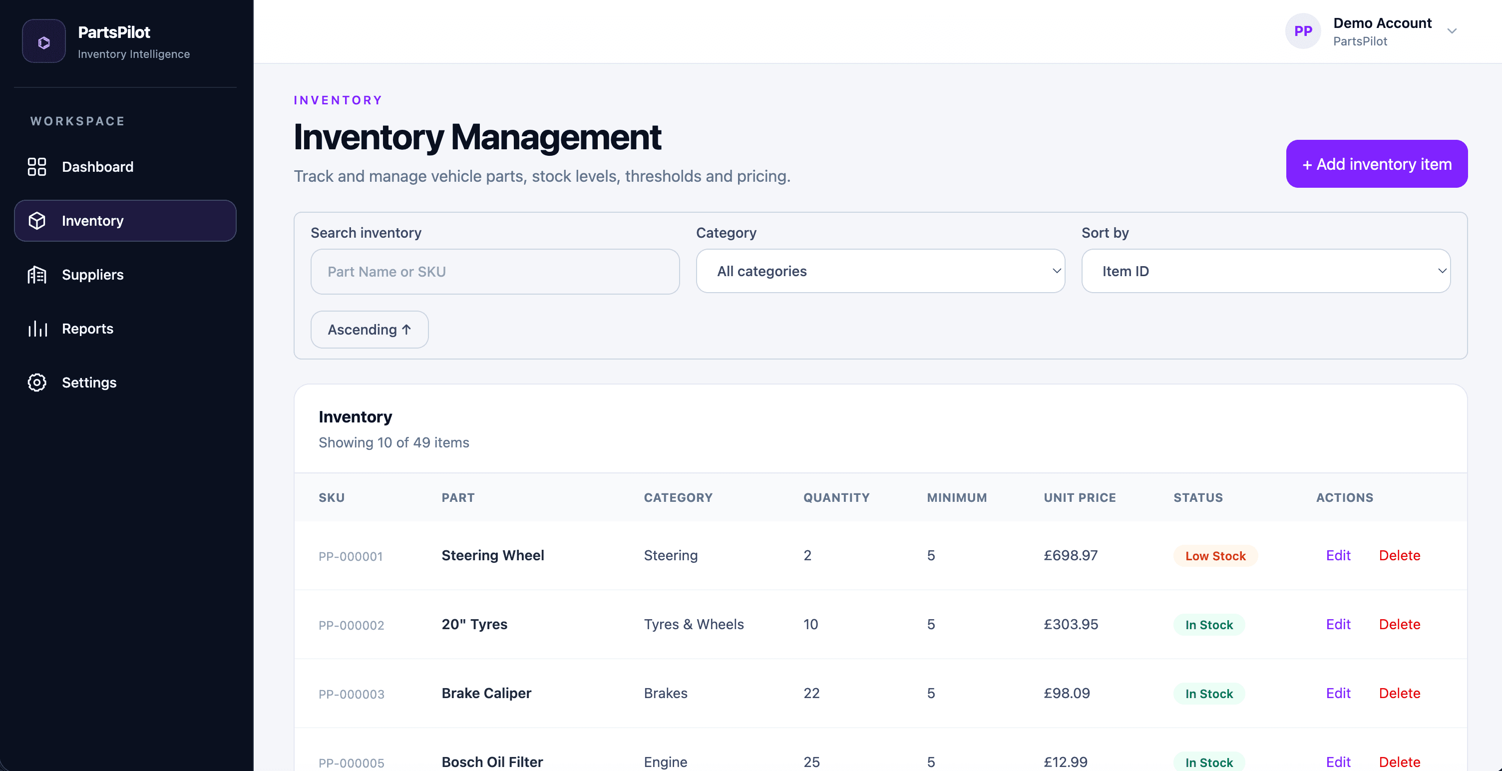 PartsPilot inventory management interface with search, filtering and stock controls